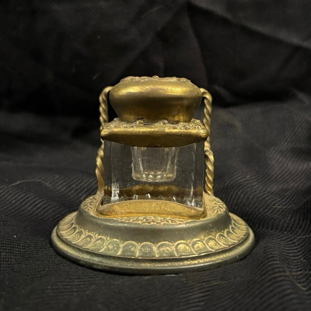 Antique Inkwell Ornate Glass & Brass Two Piece Victorian Desk Accessory